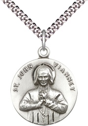 [2279SS/24S] Sterling Silver Saint John Vianney Pendant on a 24 inch Light Rhodium Heavy Curb chain
