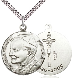 [3003SS/24S] Sterling Silver Saint John Paul II Pendant on a 24 inch Light Rhodium Heavy Curb chain