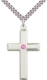 [2192SS-STN10/24S] Sterling Silver Cross Pendant with a 3mm Rose Swarovski stone on a 24 inch Light Rhodium Heavy Curb chain