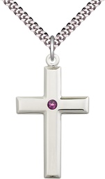 [2192SS-STN2/24S] Sterling Silver Cross Pendant with a 3mm Amethyst Swarovski stone on a 24 inch Light Rhodium Heavy Curb chain