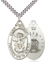 [1171SS1/24S] Sterling Silver Saint Michael Air Force Pendant on a 24 inch Light Rhodium Heavy Curb chain
