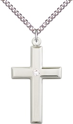 [2192SS-STN4/24SS] Sterling Silver Cross Pendant with a 3mm Crystal Swarovski stone on a 24 inch Sterling Silver Heavy Curb chain
