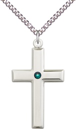 [2192SS-STN5/24SS] Sterling Silver Cross Pendant with a 3mm Emerald Swarovski stone on a 24 inch Sterling Silver Heavy Curb chain