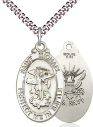 [1171SS6/24S] Sterling Silver Saint Michael Navy Pendant on a 24 inch Light Rhodium Heavy Curb chain