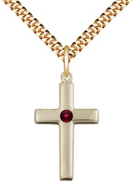 [2195GF-STN1/24G] 14kt Gold Filled Cross Pendant with a 3mm Garnet Swarovski stone on a 24 inch Gold Plate Heavy Curb chain