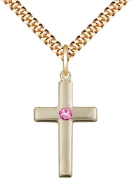 [2195GF-STN10/24G] 14kt Gold Filled Cross Pendant with a 3mm Rose Swarovski stone on a 24 inch Gold Plate Heavy Curb chain