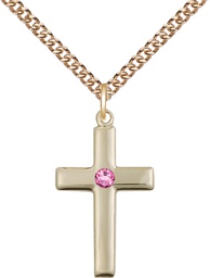 [2195GF-STN10/24GF] 14kt Gold Filled Cross Pendant with a 3mm Rose Swarovski stone on a 24 inch Gold Filled Heavy Curb chain