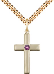 [2195GF-STN2/24G] 14kt Gold Filled Cross Pendant with a 3mm Amethyst Swarovski stone on a 24 inch Gold Plate Heavy Curb chain