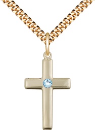 [2195GF-STN3/24G] 14kt Gold Filled Cross Pendant with a 3mm Aqua Swarovski stone on a 24 inch Gold Plate Heavy Curb chain