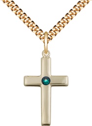 [2195GF-STN5/24G] 14kt Gold Filled Cross Pendant with a 3mm Emerald Swarovski stone on a 24 inch Gold Plate Heavy Curb chain