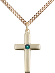 [2195GF-STN5/24GF] 14kt Gold Filled Cross Pendant with a 3mm Emerald Swarovski stone on a 24 inch Gold Filled Heavy Curb chain