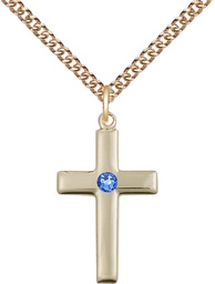 [2195GF-STN9/24GF] 14kt Gold Filled Cross Pendant with a 3mm Sapphire Swarovski stone on a 24 inch Gold Filled Heavy Curb chain