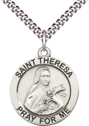 [4087SS/24S] Sterling Silver Saint Theresa Pendant on a 24 inch Light Rhodium Heavy Curb chain