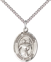 [8415SS/18S] Sterling Silver Saint Theodore Stratelates Pendant on a 18 inch Light Rhodium Light Curb chain