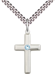 [2195SS-STN3/24S] Sterling Silver Cross Pendant with a 3mm Aqua Swarovski stone on a 24 inch Light Rhodium Heavy Curb chain