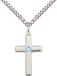 [2195SS-STN3/24SS] Sterling Silver Cross Pendant with a 3mm Aqua Swarovski stone on a 24 inch Sterling Silver Heavy Curb chain