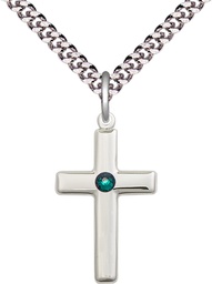 [2195SS-STN5/24S] Sterling Silver Cross Pendant with a 3mm Emerald Swarovski stone on a 24 inch Light Rhodium Heavy Curb chain