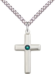 [2195SS-STN5/24SS] Sterling Silver Cross Pendant with a 3mm Emerald Swarovski stone on a 24 inch Sterling Silver Heavy Curb chain