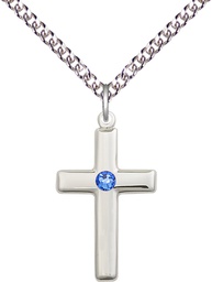 [2195SS-STN9/24SS] Sterling Silver Cross Pendant with a 3mm Sapphire Swarovski stone on a 24 inch Sterling Silver Heavy Curb chain