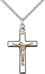 [2293GF/SS/18S] Two-Tone GF/SS Crucifix Pendant on a 18 inch Light Rhodium Light Curb chain