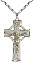 [2460GF/SS/24SS] Two-Tone GF/SS Mens Celtic Crucifix Pendant on a 24 inch Sterling Silver Heavy Curb chain