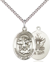 [1172SS6/18S] Sterling Silver Saint Michael Navy Pendant on a 18 inch Light Rhodium Light Curb chain