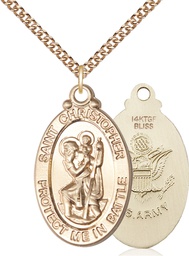 [1175GF2/24GF] 14kt Gold Filled Saint Christopher Army Pendant on a 24 inch Gold Filled Heavy Curb chain