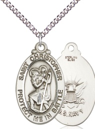 [1175SS6/24SS] Sterling Silver Saint Christopher Navy Pendant on a 24 inch Sterling Silver Heavy Curb chain