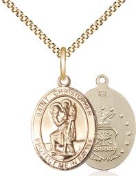 [1176GF1/18G] 14kt Gold Filled Saint Christopher Air Force Pendant on a 18 inch Gold Plate Light Curb chain