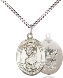 [1176SS6/18S] Sterling Silver Saint Christopher Navy Pendant on a 18 inch Light Rhodium Light Curb chain