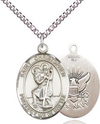 [1177SS6/24SS] Sterling Silver Saint Christopher Navy Pendant on a 24 inch Sterling Silver Heavy Curb chain