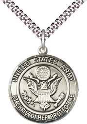 [1182SS2/24S] Sterling Silver Army St Christopher Pendant on a 24 inch Light Rhodium Heavy Curb chain