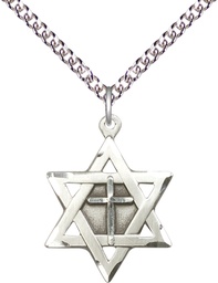 [1210YSS/24SS] Sterling Silver Star of David w/ Cross Pendant on a 24 inch Sterling Silver Heavy Curb chain
