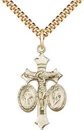 [1485GF/24G] 14kt Gold Filled Jesus, Mary &amp; Joseph Pendant on a 24 inch Gold Plate Heavy Curb chain