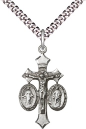 [1485SS/24S] Sterling Silver Jesus, Mary &amp; Joseph Pendant on a 24 inch Light Rhodium Heavy Curb chain