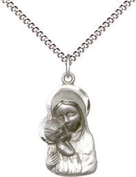 [1612SS/18S] Sterling Silver Madonna &amp; Child Pendant on a 18 inch Light Rhodium Light Curb chain