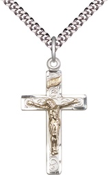 [2652GF/SS/24S] Two-Tone GF/SS Crucifix Pendant on a 24 inch Light Rhodium Heavy Curb chain