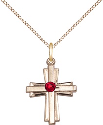 [0675YGF-STN7/18GF] 14kt Gold Filled Cross Pendant with a 3mm Ruby Swarovski stone on a 18 inch Gold Filled Light Curb chain