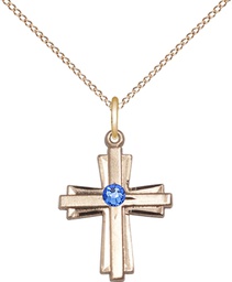 [0675YGF-STN9/18GF] 14kt Gold Filled Cross Pendant with a 3mm Sapphire Swarovski stone on a 18 inch Gold Filled Light Curb chain