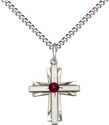 [0675YSS-STN1/18S] Sterling Silver Cross Pendant with a 3mm Garnet Swarovski stone on a 18 inch Light Rhodium Light Curb chain