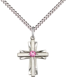 [0675YSS-STN10/18S] Sterling Silver Cross Pendant with a 3mm Rose Swarovski stone on a 18 inch Light Rhodium Light Curb chain