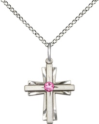 [0675YSS-STN10/18SS] Sterling Silver Cross Pendant with a 3mm Rose Swarovski stone on a 18 inch Sterling Silver Light Curb chain