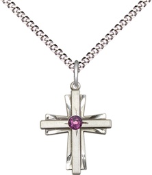 [0675YSS-STN2/18S] Sterling Silver Cross Pendant with a 3mm Amethyst Swarovski stone on a 18 inch Light Rhodium Light Curb chain