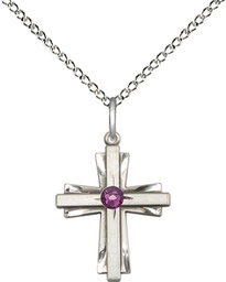[0675YSS-STN2/18SS] Sterling Silver Cross Pendant with a 3mm Amethyst Swarovski stone on a 18 inch Sterling Silver Light Curb chain