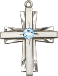 [0675YSS-STN3] Sterling Silver Cross Medal with a 3mm Aqua Swarovski stone