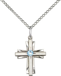 [0675YSS-STN3/18SS] Sterling Silver Cross Pendant with a 3mm Aqua Swarovski stone on a 18 inch Sterling Silver Light Curb chain