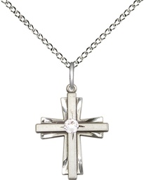 [0675YSS-STN4/18SS] Sterling Silver Cross Pendant with a 3mm Crystal Swarovski stone on a 18 inch Sterling Silver Light Curb chain