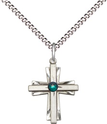 [0675YSS-STN5/18S] Sterling Silver Cross Pendant with a 3mm Emerald Swarovski stone on a 18 inch Light Rhodium Light Curb chain