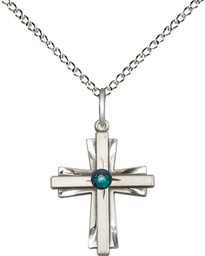 [0675YSS-STN5/18SS] Sterling Silver Cross Pendant with a 3mm Emerald Swarovski stone on a 18 inch Sterling Silver Light Curb chain