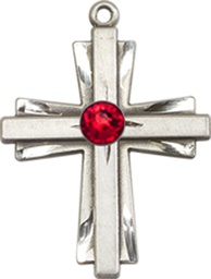 [0675YSS-STN7] Sterling Silver Cross Medal with a 3mm Ruby Swarovski stone